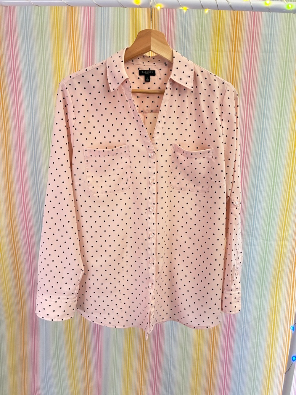 Talbots Petites Pink Polka Dot Button-Up Blouse Size L